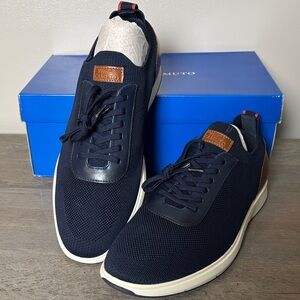 Vince Camuto Men's Navy Knit Sneakers with Brown Leather Accents